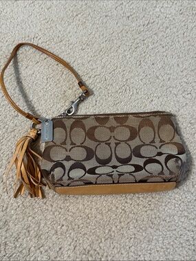Coach Signature Canvas Wristlet in Brown and Tan